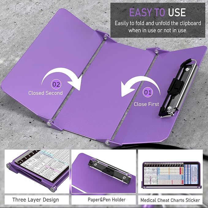 Nursing Clipboard Foldable, Foldable Clipboard w/Nursing Edition Medical Charts, 3 Layers Aluminum, Nurse Clip Board w/Low Profile Clip&Pen Clip for Students, Nurses and Doctors, Purple
