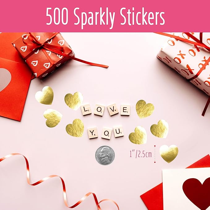 500 Golden Heart Stickers, Metallic Golden, Waterproof Reflective Heart Stickers - Love Decorative Labels for Wedding, Valentine's Day Supplies (1' Each)