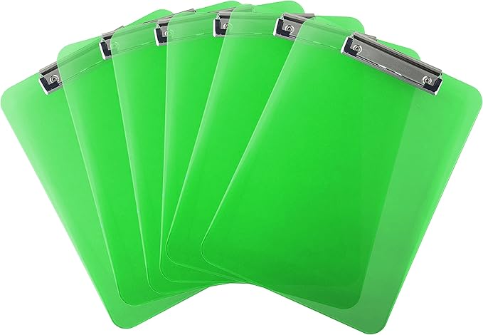 Trade Quest Plastic Clipboard Transparent Color Letter Size Low Profile Clip (Pack of 6) (Green)