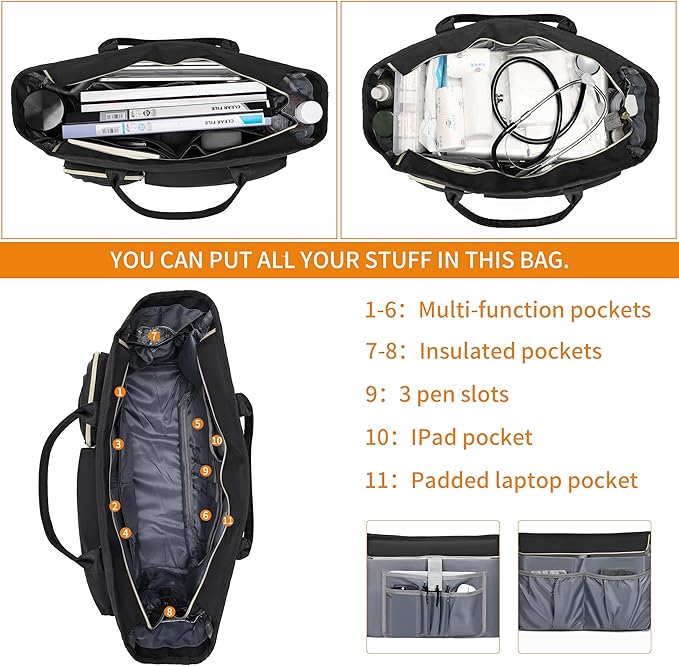 Rabjen Nurse Tote Bag for Work with Padded 15.6” Laptop Sleeve, Medical Supplies Shoulder Bag for Home Health Care