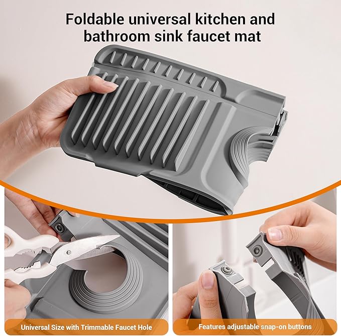 Faucet Mat for Kitchen Sink, 14"X5.5" Silicone Sink Splash Guard with Soap Holder, Snap-On Design & 7°slope Fast Drain, Folding Sink Faucet Mat for Universal Kitchen Bathroom Sink（Grey）