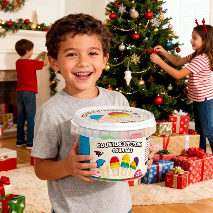 NEOROD Ice Cream Counting Toys for Toddlers 3-5 – Montessori Preschool Learning Set with 42 Scoops & 6 Cones | Color Sorting & Fine Motor Skills Stacker | Educational Math Game & Sensory Toys for Kids