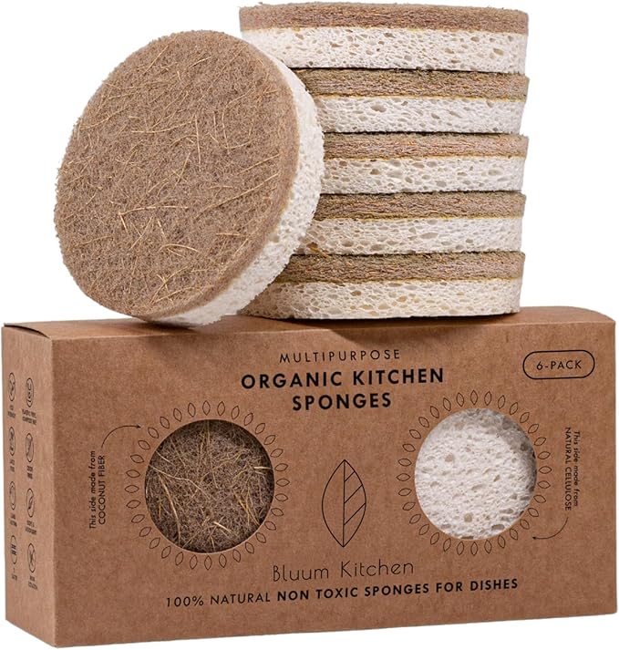Organic Kitchen Sponges 6-Pack – Non Toxic Sponges for Dishes, Natural Dish Sponge Set, Plant Based Cellulose & Coconut Fiber Sponge, Biodegradable, Compostable, Eco Friendly
