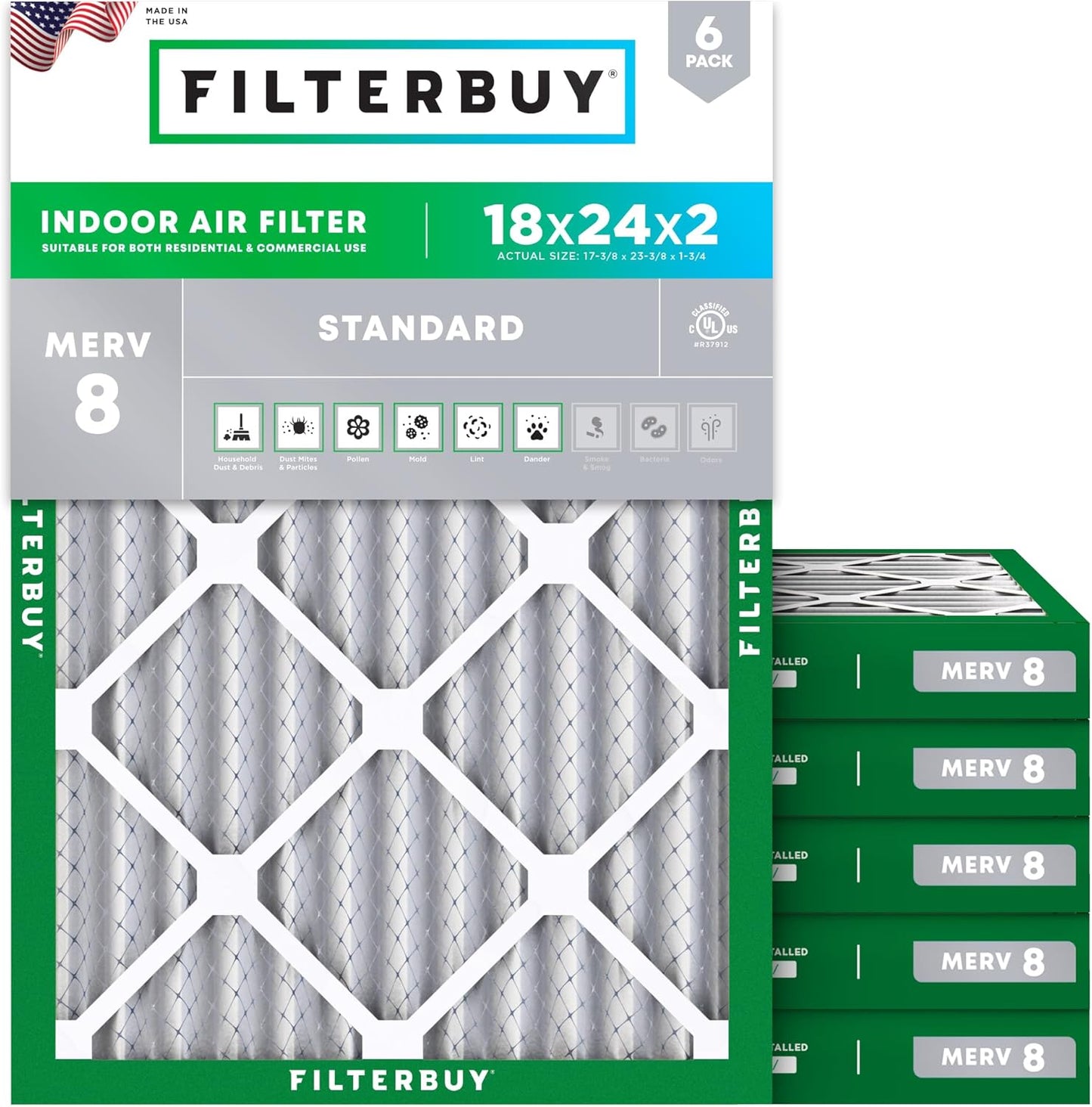 Filterbuy 18x24x2 Air Filter MERV 8 (MPR 700) Dust Defense Replacement (6-Pack), Electrostatic Pleated HVAC AC Furnace Filters, Made in USA (Actual Size: 17.38 x 23.38 x 1.75)
