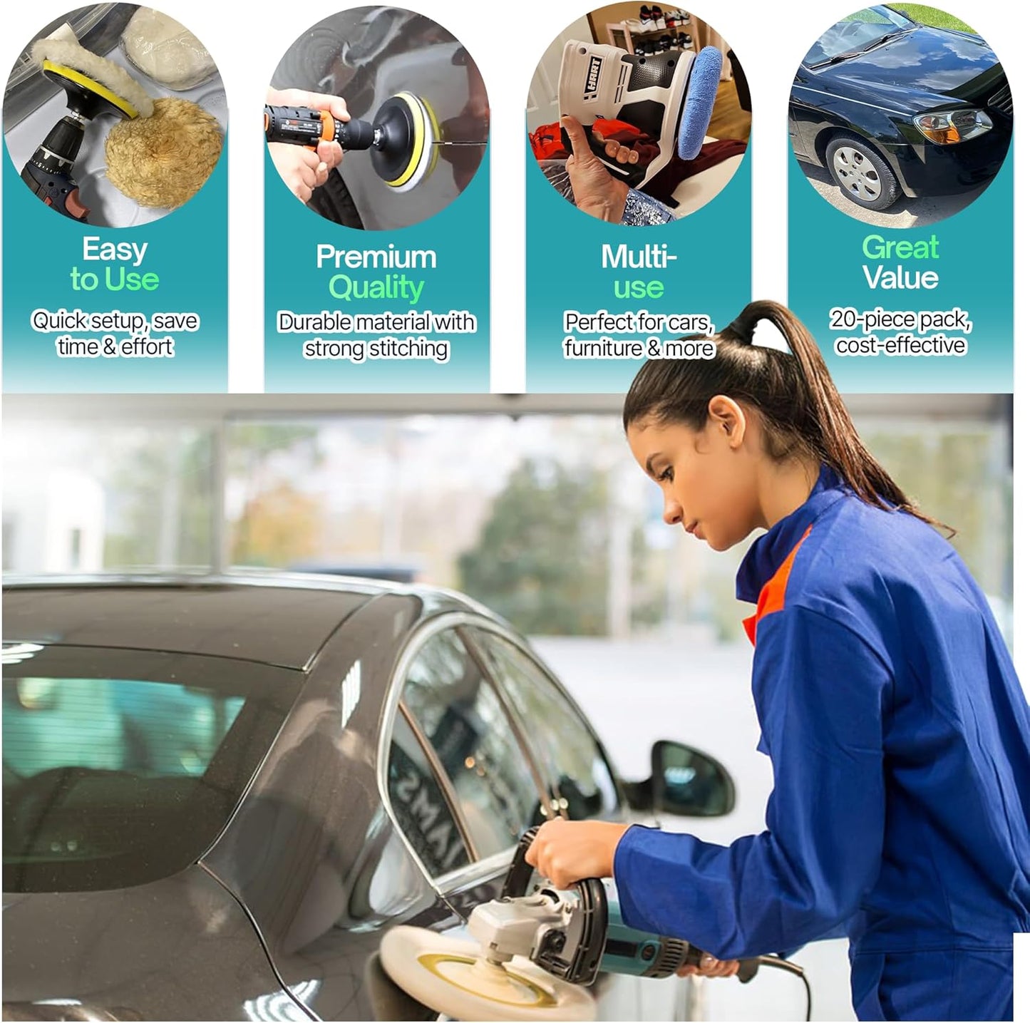 20 Pack Buffing Pads, Polishing Pad Covers, Microfiber & Wool for 9–10 Inch Buffer Polisher; Car Buffer Accessories for Car Detailing Kit; Wax, Polishing Compound & Polish Finishing, Durable Set