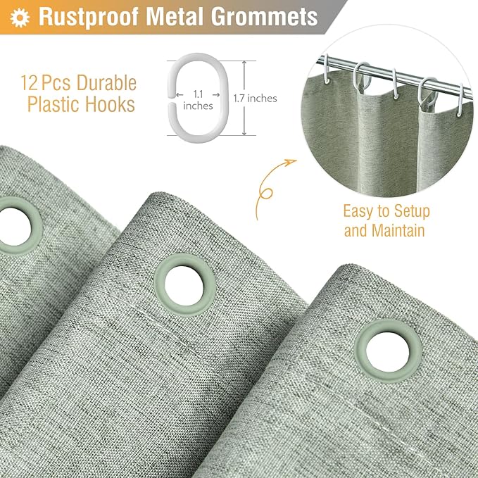 BTTN Sage Green Shower Curtain, Linen Textured Heavy Duty Thick Fabric Shower Curtain Set with 12 Plastic Hooks, Machine Washable, Hotel Spa Luxury Decorative Curtains for Bathroom Showers, 72x72