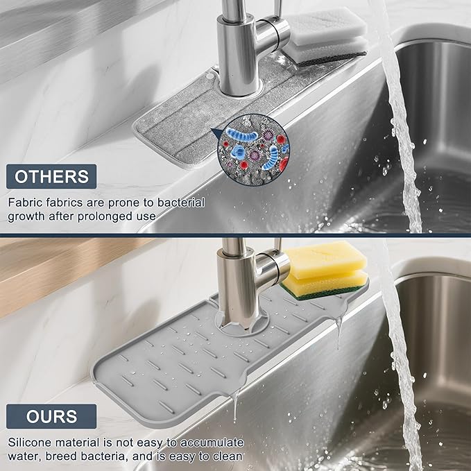 Kitchen Faucet Sink Splash Guard, Silicone Faucet Water Catcher Mat – Sink Draining Pad Behind Faucet, Grey Rubber Drying Mat for Kitchen