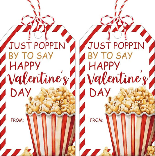 Just Poppin Happy Valentines Gift Tags, 50 Pcs Valentine Tags with String, Popcorn Design Thank You Label for Gift Wrapping, Valent Day Decoration-Red White
