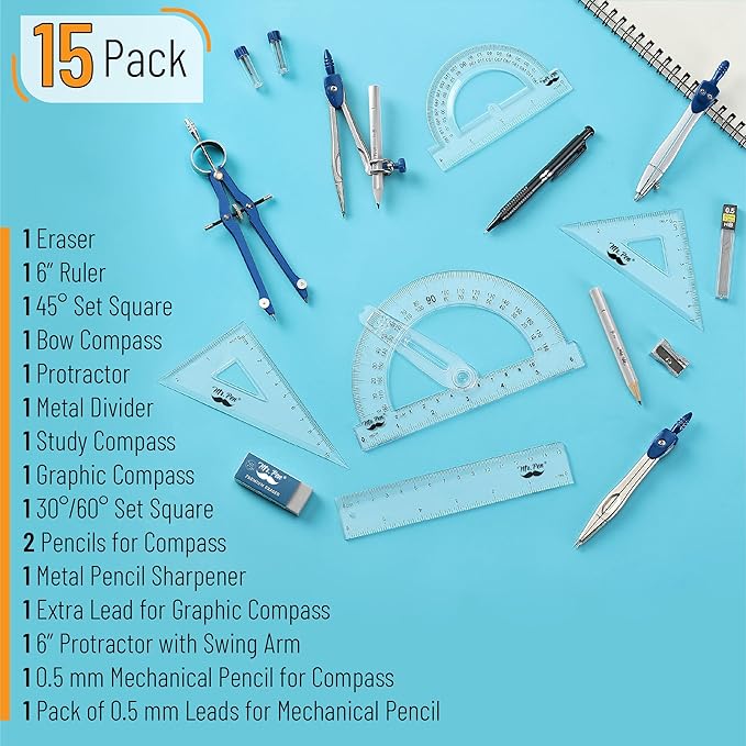 Mr. Pen- Geometry Set, 15 pcs, Navy Blue, 6 Inch Swing Arm Protractor, Divider, Set Squares, Ruler, Compasses and Protractor