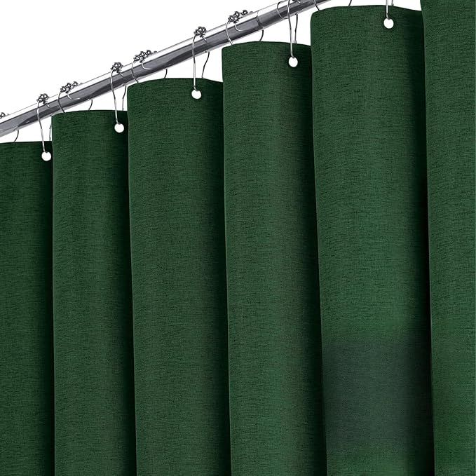 BTTN Extra Wide Shower Curtain - 108x72 Inch Linen Textured Waterproof Fabric Shower Curtain Set with 18 Plastic Hook, Large Modern Farmhouse Cloth Bathtub Shower Curtains for Bathroom - Emerald Green