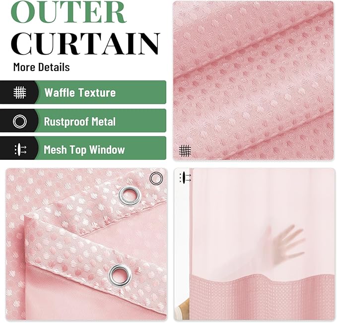 Dynamene Extra Long Shower Curtain, 84 Inch Long Waffle Fabric Shower Curtain for Bathroom, Tall Waterproof Cloth Shower Curtain Liner Set with Hook, Snap in Liner, Mesh Top Window, Pink, 72x84
