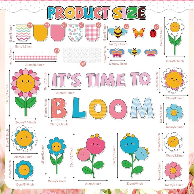Spring Bulletin Board Set Decorations Colorful Flower Bee Paper Cutouts Spring Bloom Floral Classroom Bulletin Board Decoration Kit for School Home Chalkboard Window Holiday Party Decor