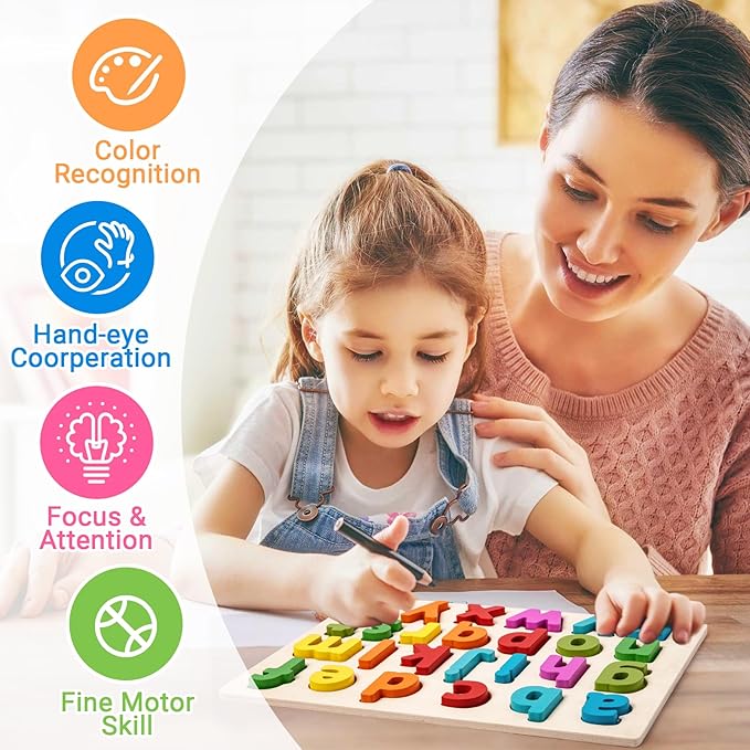 Alphabet Puzzle Wooden Puzzles for Toddlers, ABC Puzzle Shape Alphabet Learning Puzzles Toys with Puzzle Board & Letter Blocks for Preschool Girls Boys Lowercase Letter Puzzle