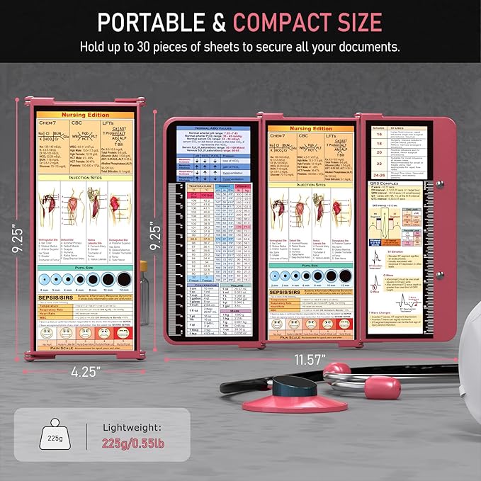 Nursing Clipboard Foldable, Foldable Clipboard w/Nursing Edition Cheat Charts,3 Layers Aluminum, Nurse Clip Board w/Low Profile Clip&Pen Clip Pocket for Students, Nurses and Doctors, Rose