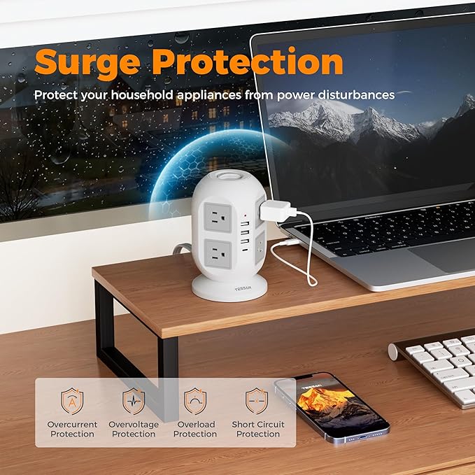 TESSAN Tower Surge Protector Power Strip 10 ft, Long Flat Extension Cord with Multiple Outlets, 8 AC Outlets with 4 USB Ports (1 USB C), Charging Station with Surge Protection, for Home Office Dorm