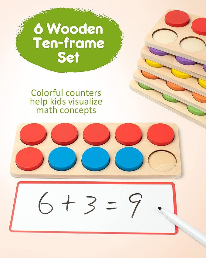 SYNARRY Wooden Ten-Frame Set Math Manipulatives for Kindergarten Elementary 1st 2nd Grade Homeschooling, Addition and Subtraction Montessori Math Games for Chirldren, Counters Toys for Kids Ages 3-8