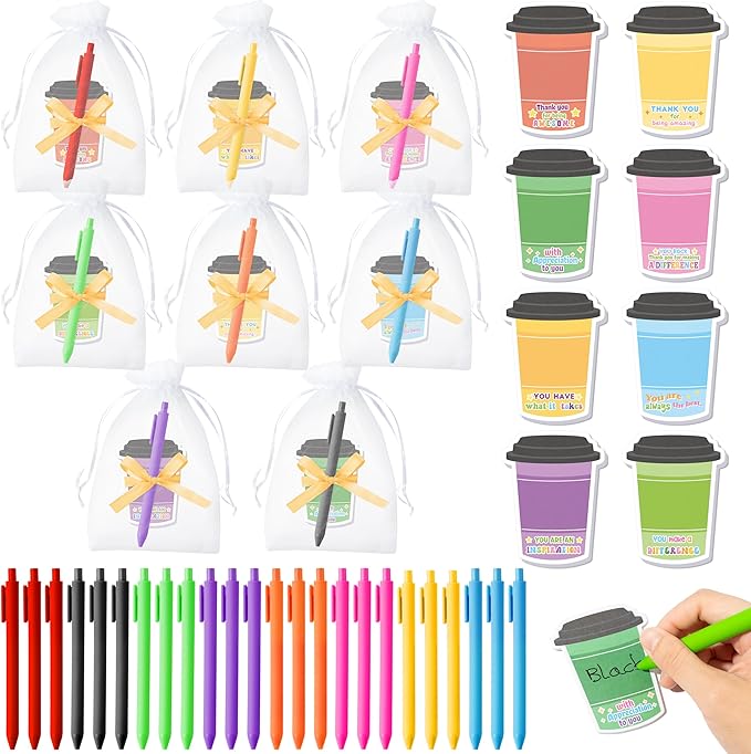 Xqumoi Employee Appreciation Coffee Cup Sticky Notes Set - 24 Set Coffee Self Sticky Writing Memo Pads Ballpoint Pens with Mesh Bag for Coffee Lover Staff Member Colleague Worker School Office Supply