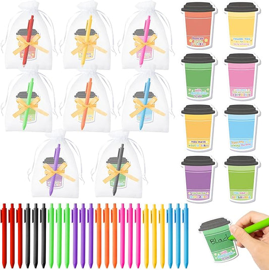 Xqumoi Employee Appreciation Coffee Cup Sticky Notes Set - 24 Set Coffee Self Sticky Writing Memo Pads Ballpoint Pens with Mesh Bag for Coffee Lover Staff Member Colleague Worker School Office Supply