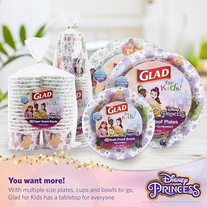 Glad Disney Princess Kids Paper Plates, Heavy Duty Soak Proof and Microwavable, Cut Resistant Disposable Snack Plates for Everyday Meals, School Lunches and Birthday Parties, 8.5 Inch, 40 Count