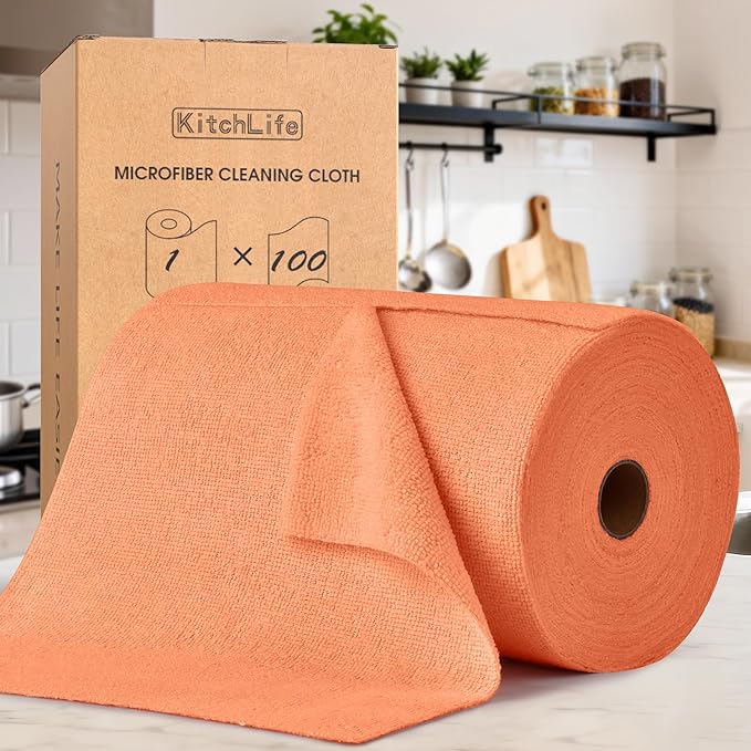 KitchLife Microfiber Cleaning Cloth Roll, 100 Pack - Tear-Away Microfiber Paper Towels, Lint-Free, Reusable, Washable for Kitchen, Car, Dishes, and Sensitive Surfaces (Coral)