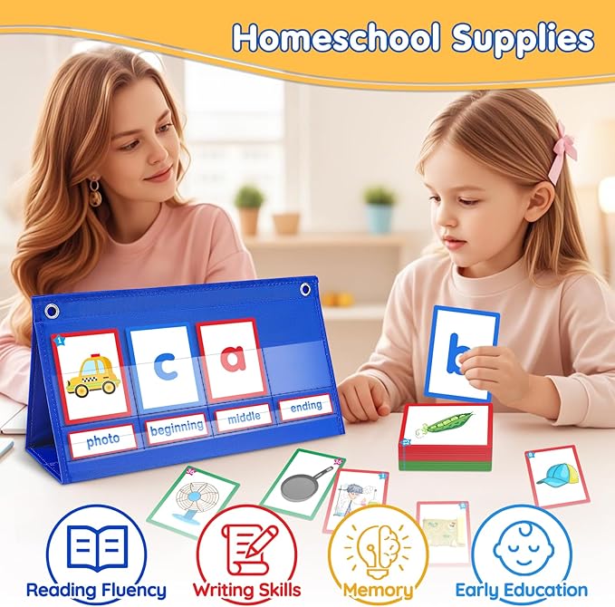 CVC Word Building Desktop Pocket Chart with 108 Phonics Flash Cards for Early Reading & Spelling | Alphabet Learning Tools for Preschool, Kindergarten, and Homeschooling