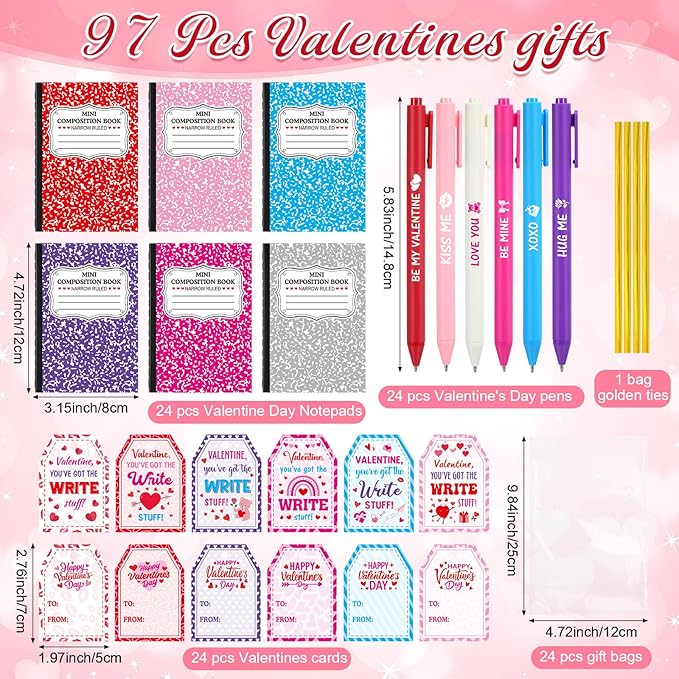 Pajean 96 Pcs Valentine's Day Stationery Set 24 Valentine's Day Notebooks with 24 Pens 24 Cards 24 Gifts Bags for Home Valentines Exchange Gifts School Classroom Office Party Favors Supplies