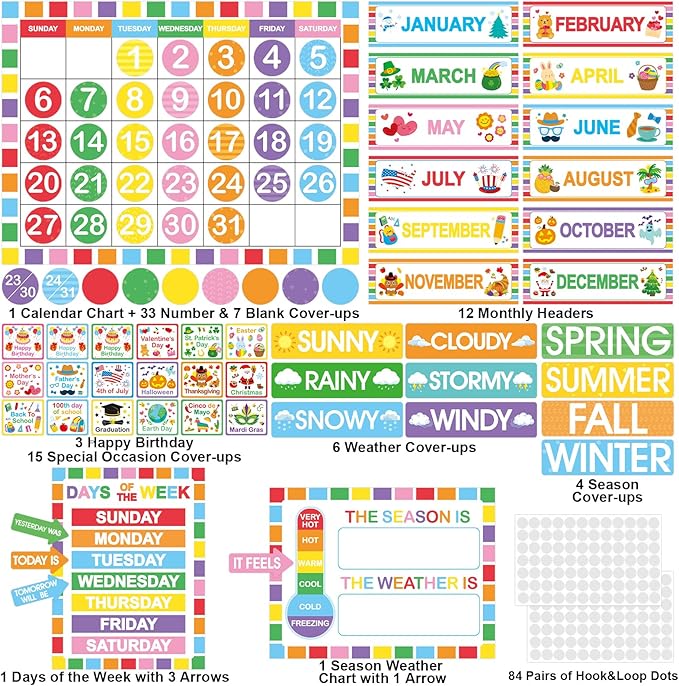 Rainbow Classroom Calendar Bulletin Board Set Colorful Calendar Bulletin Board Set for Rainbow Classroom Decoration with Hook and Loop Dot Stickers