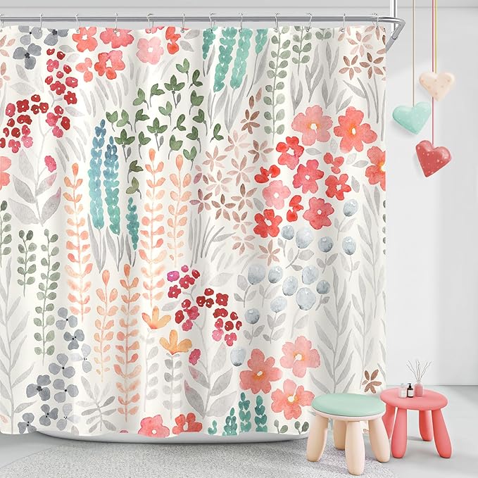 Extra Long Shower Curtain 72 x 96 Inch, Floor to Ceiling X-Long Tall Cute Floral Shower Curtain for Bathroom, Retro Red Teal Wildflower Boho Cottagecore Fabric Shower Curtain Set with Hooks
