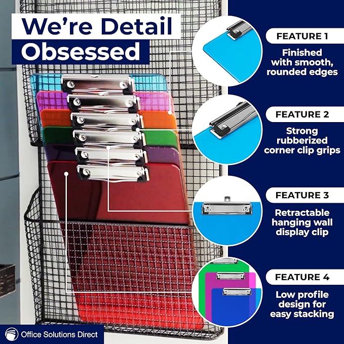 Plastic Clipboards with Low Profile Clip Set of 6-12.5 x 9 Inch Multi Color Plastic Clipboards Bulk - Clear Clip Boards Bulk Classroom Holds 100 Sheets, Acrylic Clipboard Clear 6 Pack