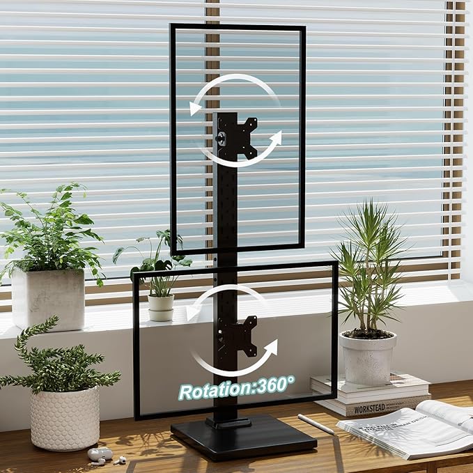 Suptek Dual Monitor Stand with Base Vertical Stack Screen Free-Standing Monitor Riser Fits Two Screen Max 36" & One Screen Max 43" with Swivel, Tilt, Height Adjustable,50,75 and 100mm Vesa Base Stand