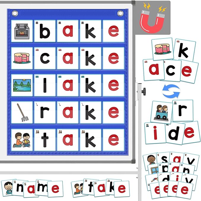 ABCxGOOD CVCE Word Building Pocket Charts with 50 Phonics Flash Cards Classroom Must Haves, CVCE Literacy Games for Beginners in Reading and Spelling.