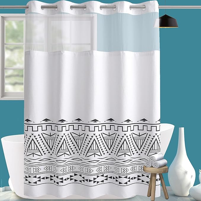 Conbo Mio Extra Long No Hook Waffle Weave Shower Curtain with Snap in Liner Set, Hotel Luxury Boho Shower Curtains for Bathroom with See Through Top Window, Waterproof, Washable 71W x 84H White