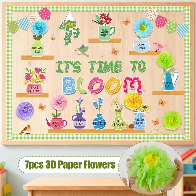 Spring Bulletin Board Decorations for Classroom - It's Time to Bloom Bulletin Board Set with 3D Paper Flower Cutouts Motivational Decorations for Spring Summer School Home Chalkboard Door Wall Supply