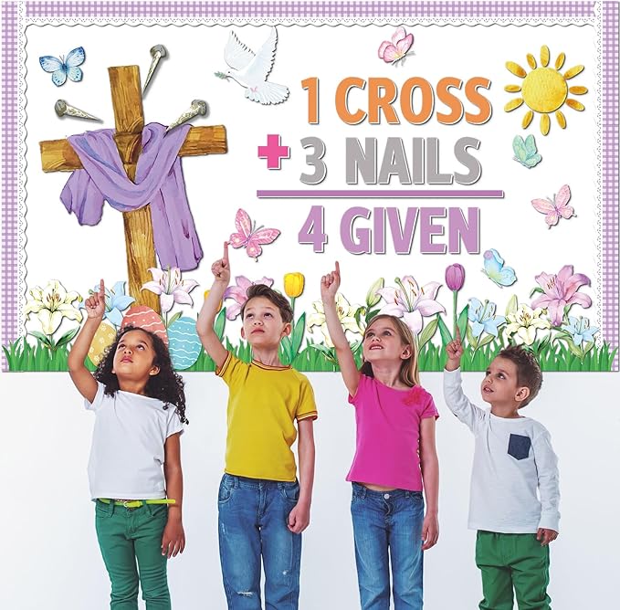 Easter Jesus Bulletin Board Set Easter Cross Spring Classroom Decorations 1 Cross 3 Nails 4 Given Religious Paper Cutouts for Church Sunday School Chalkboard Office Wall Door Decor