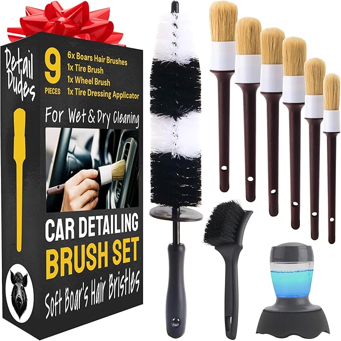 Boar Hair Detailing Brush Set - 9-Pack - Includes Wheel, Tire Brush & Tire Dressing Applicator - Soft Boar Hair Bristles - Scratch-Free Car Wash - Crevice Tools for Vents & Emblems