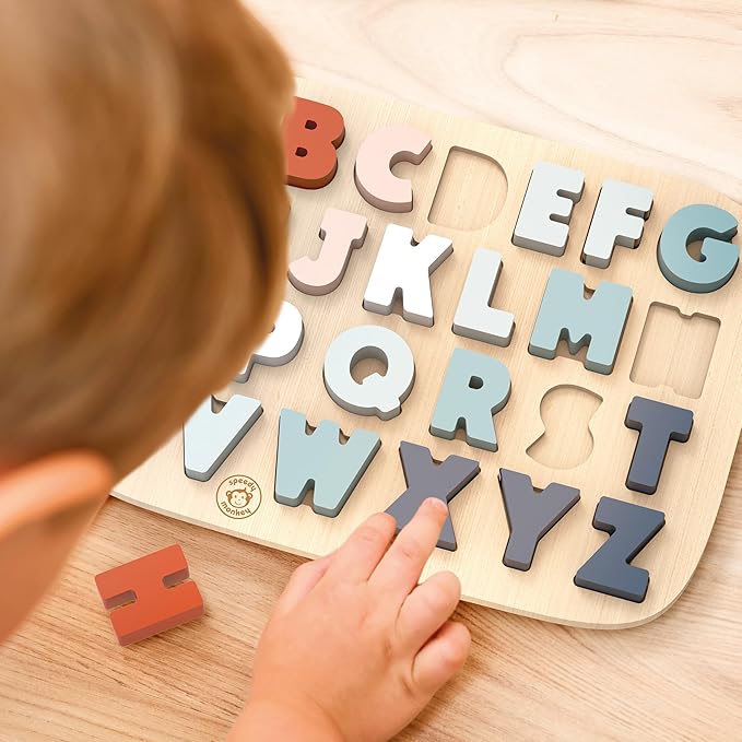 Speedy Monkey Colorful Wooden Alphabet Puzzle | Non Toxic, Child-Safe Paint, Learning Toy for Kids, Educational Fun, Easy-Grasp Letters, Enhances Fine Motor Skills
