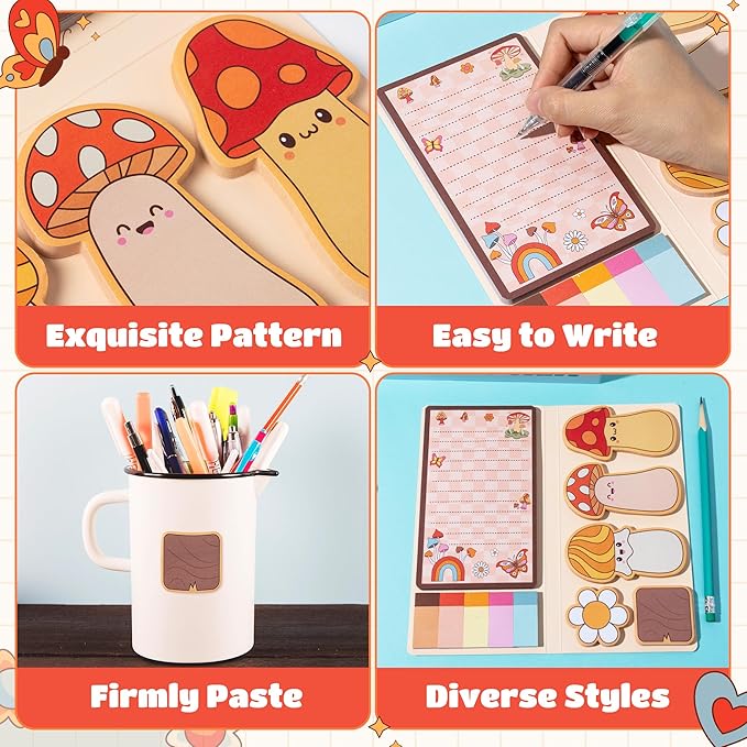 B1ykin Cute Sticky Notes Set - Crow Your Own Way Self-Stick Notes Pad, 550 Sheets Writing Memo Pages Sticky Notepad for Teacher Appreciation Gift, School Office Party Favors Supplies (Retro Mushroom)