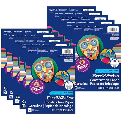 SunWorks® Construction Paper, 10 Assorted Colors, 9" x 12", 50 Sheets Per Pack, 10 Packs