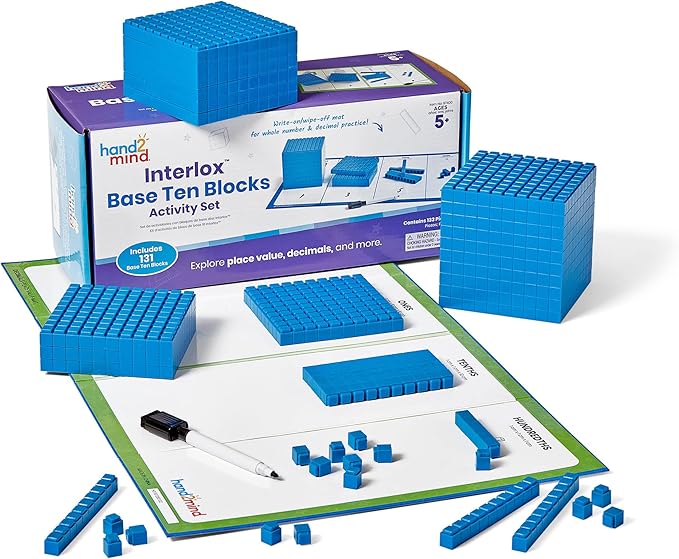 hand2mind Interlox Base Ten Blocks Activity Set, Place Value Manipulatives, Base 10 Blocks for Math, Counting Cubes, Math Manipulatives 1st Grade, Small Group Classroom Must Haves (133 Pieces)
