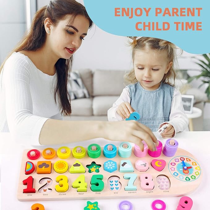 QZMTOY Preschool Educational Learning Montessori Toys for Kids, Toddler Puzzles Number Shape Sorter Counting Stacker with Clock Weather, Boys Girls Activities Math Game Gift for Age 3 4 5 Years