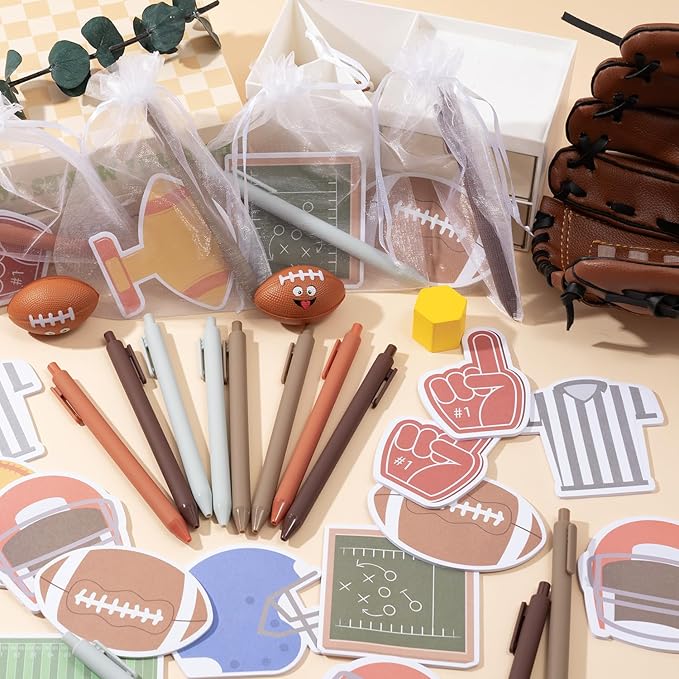 Xqumoi Football Sticky Notes with Pen Gift Set - 24 Set Football Sport Self Sticky Writing Memo Pads Ballpoint Pens with Mesh Bag Birthday Party Favors School Classroom Rewards Office Supplies