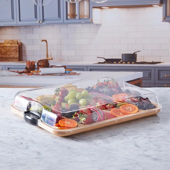 FARBERWARE Build-a-Board Cutting Board with Three Compartments and Clear Locking Lid for Charcuterie, Snacks, and More, Acacia
