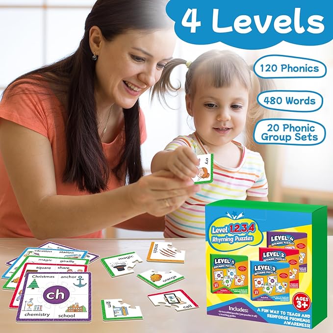 Torlam Phonics Puzzle Cards Level 1-4, Learn to Read Rhyming Games Phonics Flash Cards Spelling CVC Words, Digraphs Blends, Long Vowel, Silent E, Trigraphs Sight Words for Toddlers Kids Kindergarten