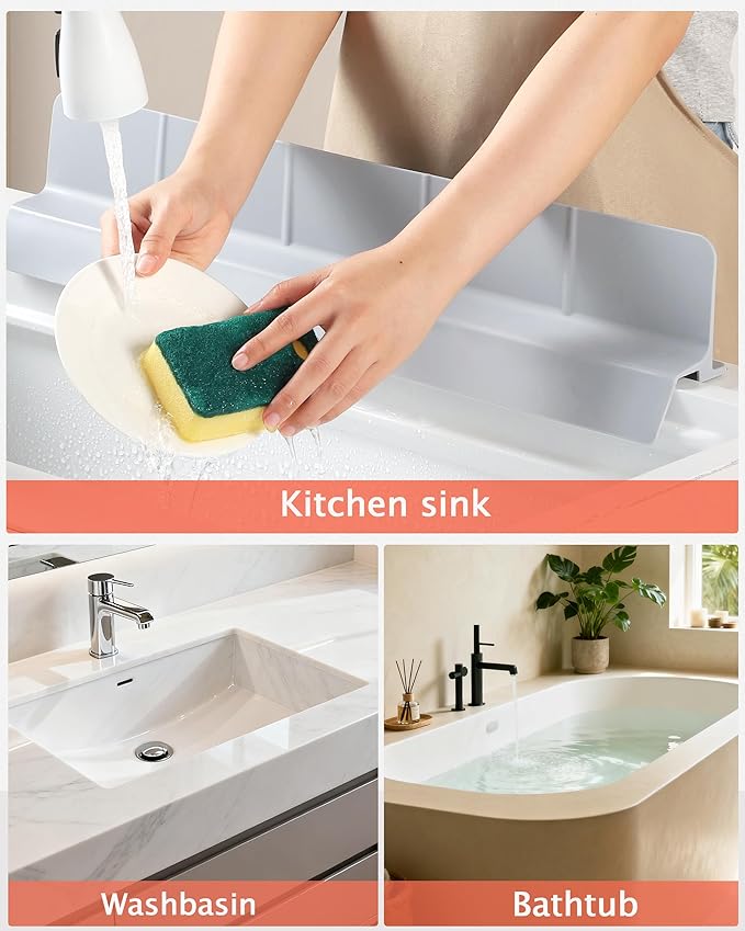 Kitchen Sink Splash Guard 23" Self-Draining Silicone Water Guard with High Splash Wall & Strong Suction Cups for Faucet, Countertop & Sink Edge, Keeps Sinks Dry, Dishwasher Safe, Gray