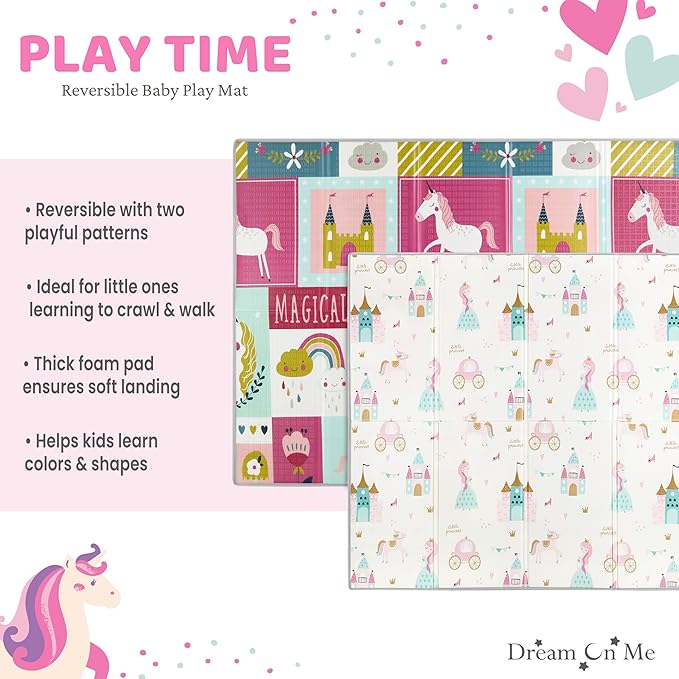 Dream On Me Play Time Reversible Baby Playmat, Foldable Extra Large Thick Foam Crawling Playmats for Toddlers, Waterproof Portable Playmat for Babies