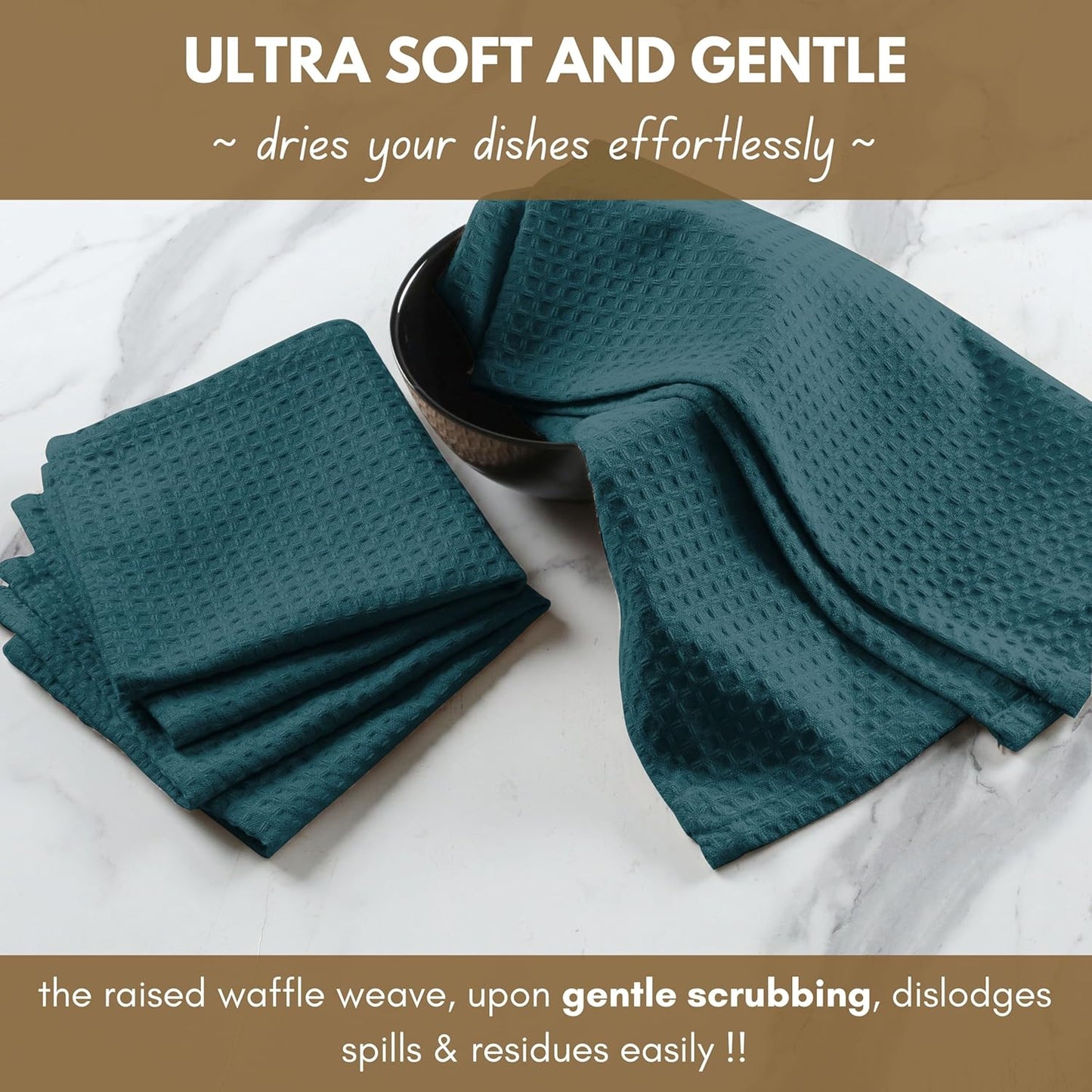 Native Fab Waffle Weave Kitchen Towels, 4 Pack, 16x26 inches, 100% Cotton, Soft & Absorbent Towel with Hanging Loop, Ideal for Cleaning & Drying, Dish Cloths, Bar Towels, Teal Green