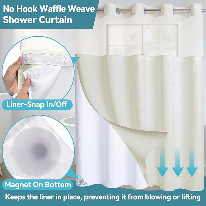 Conbo Mio No Hook Waffle Weave Shower Curtain with Snap in Liner Set, Hotel Luxury Beige Shower Curtains for Bathroom with See Through Top Window, Waterproof, Washable 71W x 74H