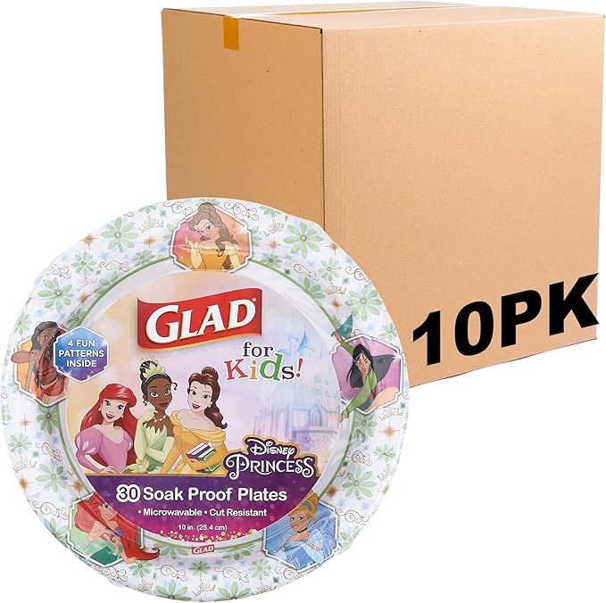 Glad for Kids Disney Princess Disposable Paper Plates, Floral Frames - Heavy Duty, Soak Proof, Microwavable, Kid-Friendly Snack Plates for Everyday Use, 10 Inch, 30 Count - 10 Pack