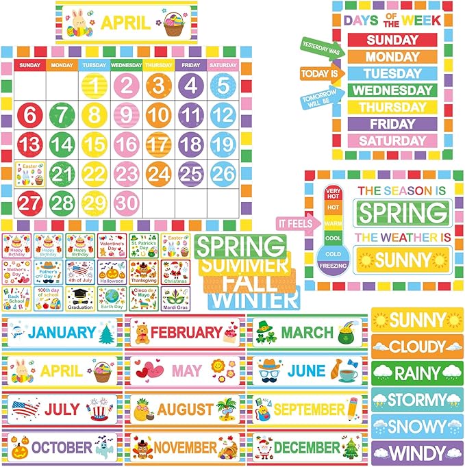 Rainbow Classroom Calendar Bulletin Board Set Colorful Calendar Bulletin Board Set for Rainbow Classroom Decoration with Hook and Loop Dot Stickers