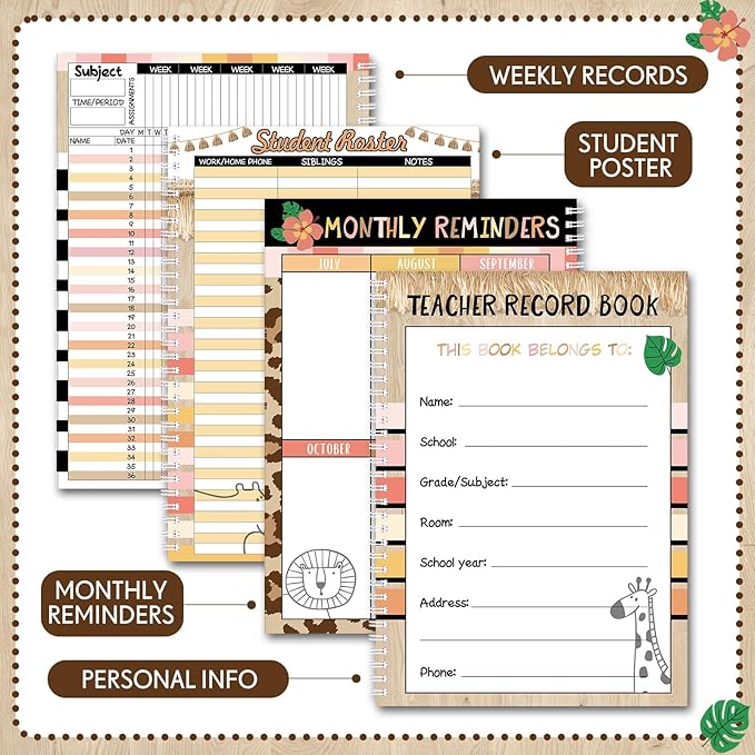 Teacher Record Book Teacher Grade Book 2026-2027 Leopard Spiral Bound Record Class Planner 2026 Gradebook Animal Print Office Favors for Classroom Attendance Decoration Double Sided Printing
